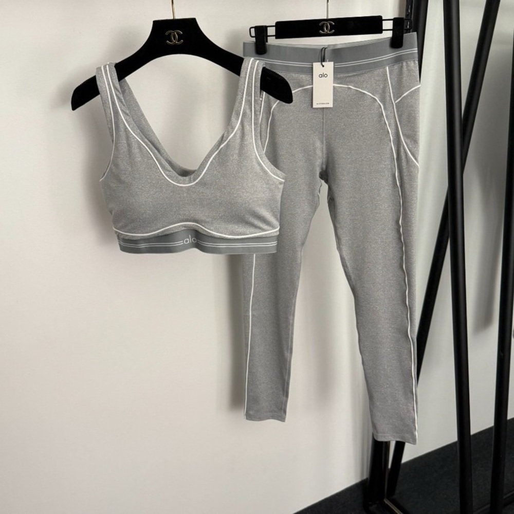ALO Yoga Silver-Gray Seamless Sports Bra & Leggings Set